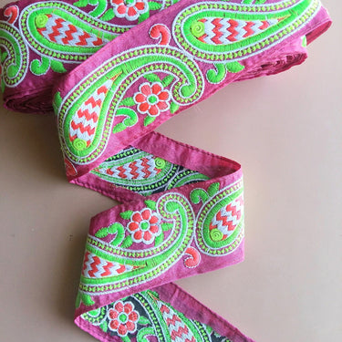 Blue / Pink Fabric Trim With Green, Pink And White Floral Embroidery, 68mm wide - 200317L510/11